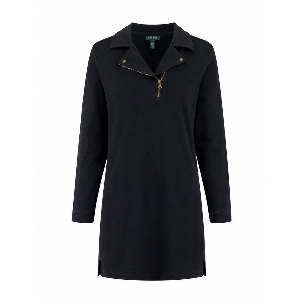 Lauren Ralph Lauren Black Moto Quarter Zip Cotton Knit Dress Elbow Patch Large